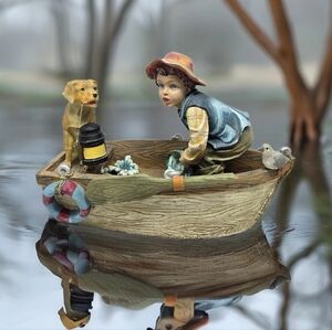 Vintage 1997 A Young Boy & His Dog In Row Boat Berry Hill Collectible Beachy